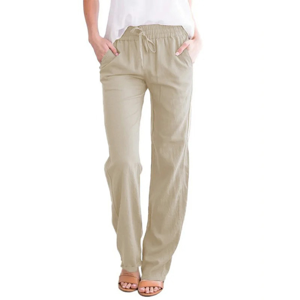 Pantalones de Lino y Algodón Terraviver para Mujer: Corte Recto y Cintura Elástica