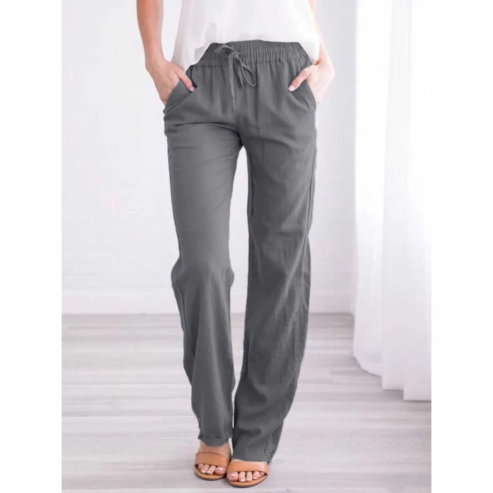Pantalones de Lino y Algodón Terraviver para Mujer: Corte Recto y Cintura Elástica